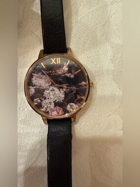 OLIVIA BURTON GARDEN HYDRANGEA Black Floral ROSE GOLD Leather Strap Watch EUC